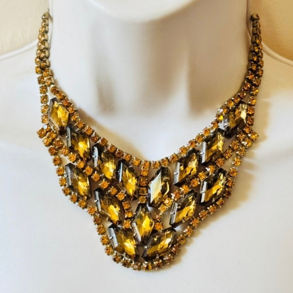 Vtg D&E Juliana Bib Necklace Topaz Crystal Rhinestone Navettes 60s Dramatic 15"